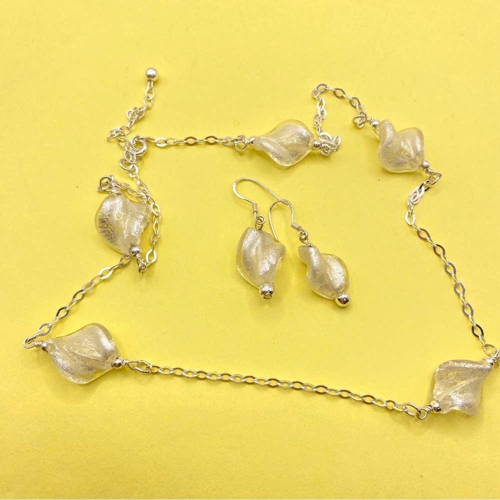 Silvertone Glass Twist Bead Necklace & Earrings Set - Picture 2 of 7